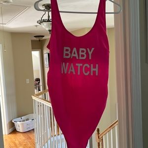 “Baby watch” maternity hot pink one piece swim